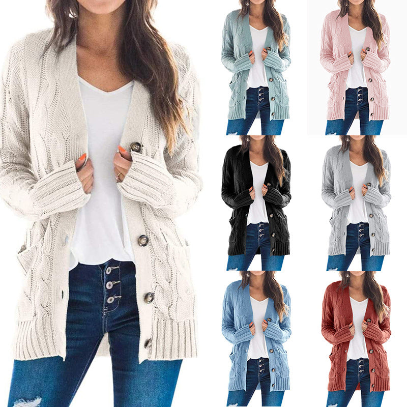 Womens Jacket Solid Color Twist Button Cardigan Sweater Image 1