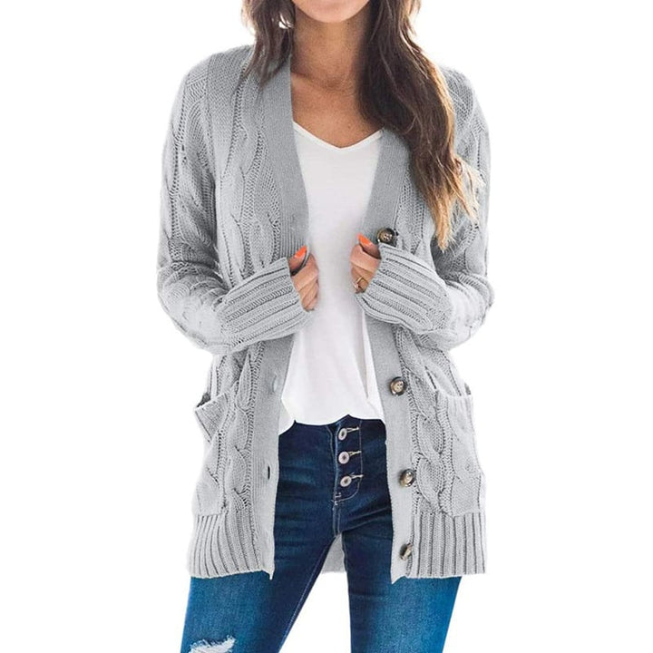 Womens Jacket Solid Color Twist Button Cardigan Sweater Image 1