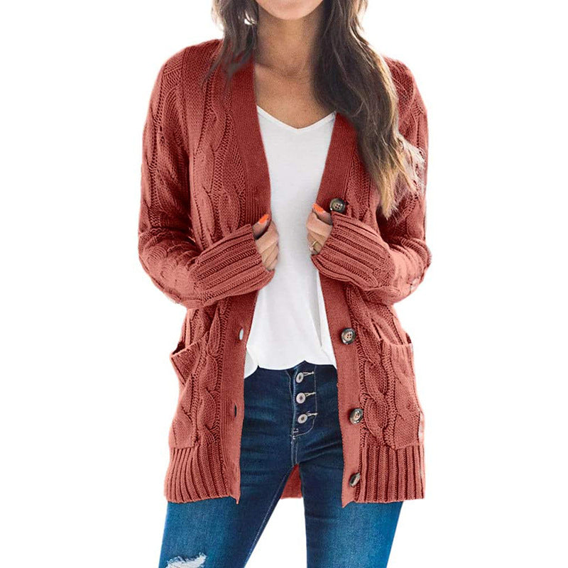 Womens Jacket Solid Color Twist Button Cardigan Sweater Image 1