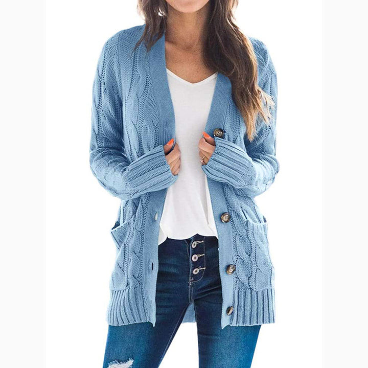 Womens Jacket Solid Color Twist Button Cardigan Sweater Image 1