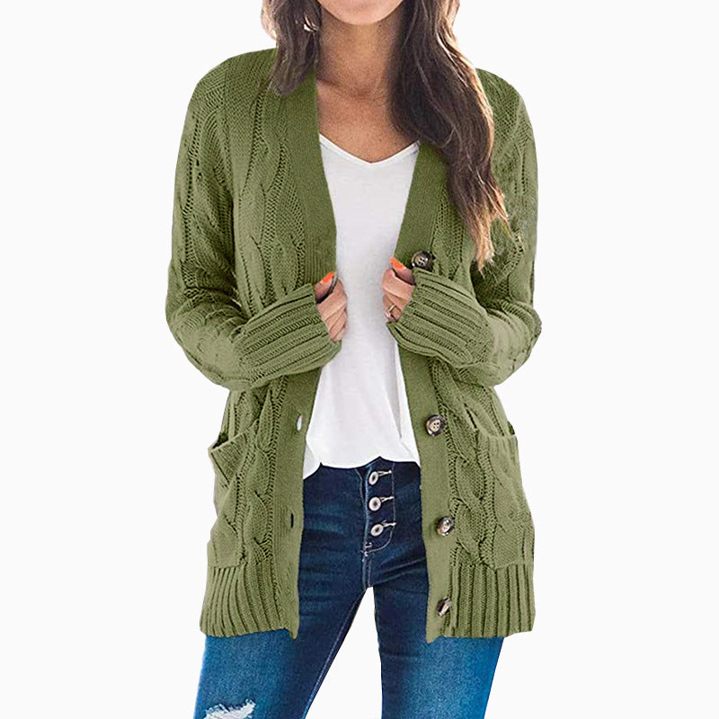 Womens Jacket Solid Color Twist Button Cardigan Sweater Image 1