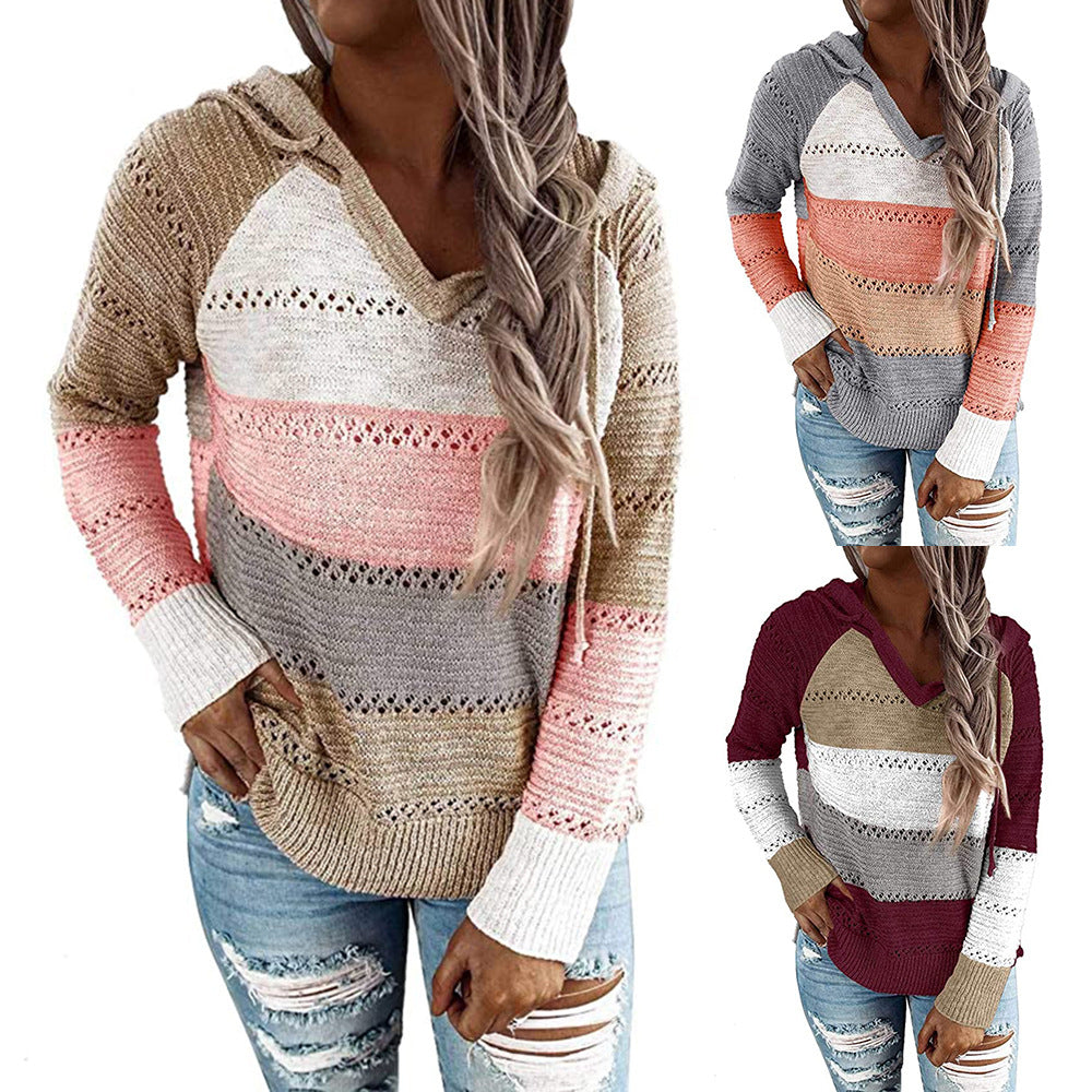 Womens Color Stitching Drawstring Sweater Image 1