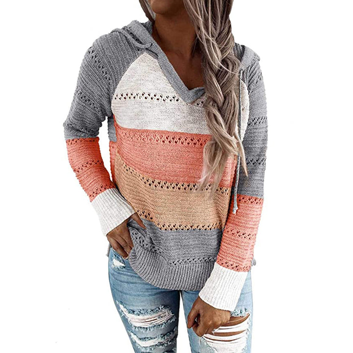 Womens Color Stitching Drawstring Sweater Image 3