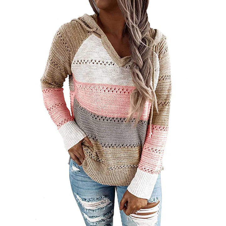 Womens Color Stitching Drawstring Sweater Image 4