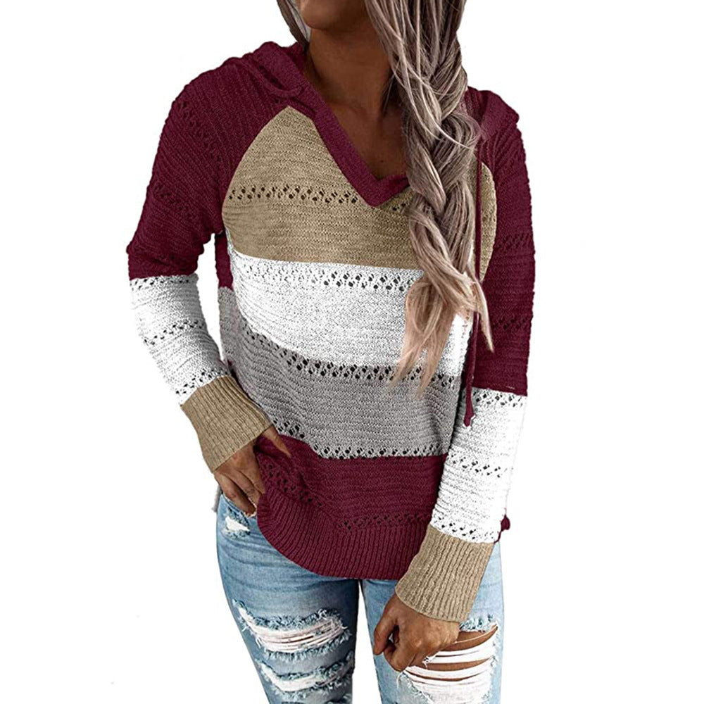 Womens Color Stitching Drawstring Sweater Image 1