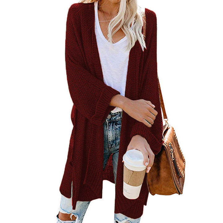 Womens Knit Long Split Roll Sleeve Cardigan Sweater Image 1