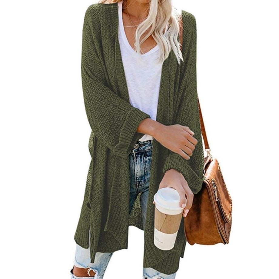 Womens Knit Long Split Roll Sleeve Cardigan Sweater Image 1