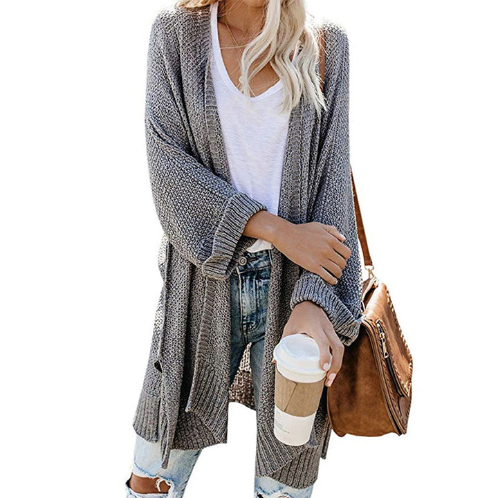 Womens Knit Long Split Roll Sleeve Cardigan Sweater Image 1