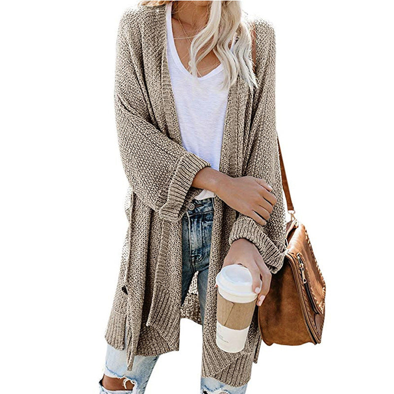 Womens Knit Long Split Roll Sleeve Cardigan Sweater Image 1