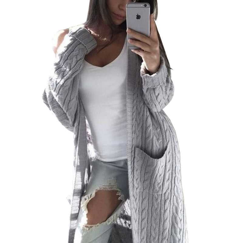 Womens Long Double Pocket Twist Sweater Cardigan Image 1