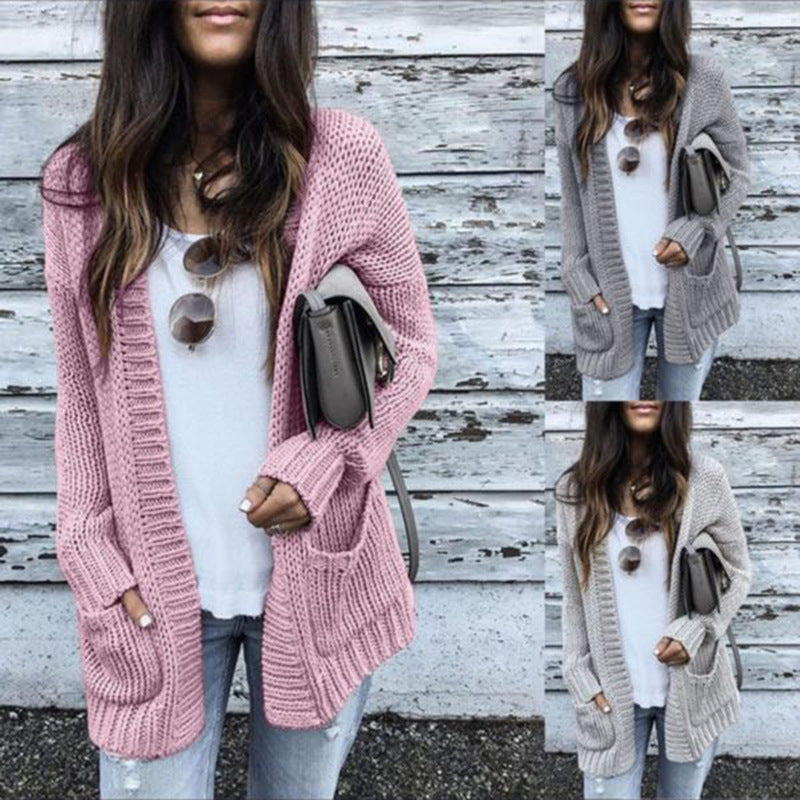 Womens Mid-Length Thick Line Cardigan Sweater Image 1