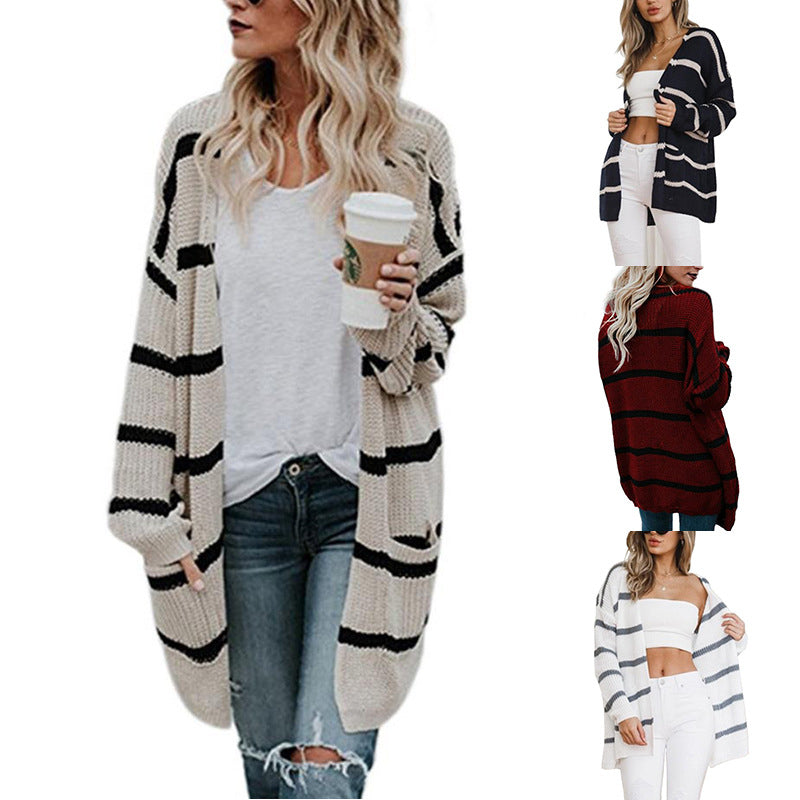 Womens Street Mid-Length Striped Cardigan Image 1