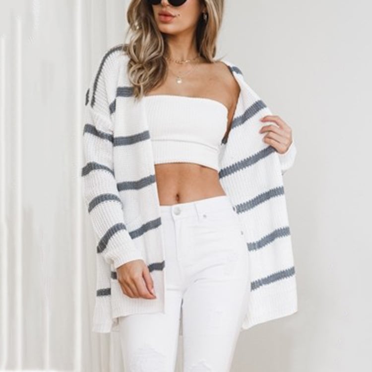 Womens Street Mid-Length Striped Cardigan Image 2