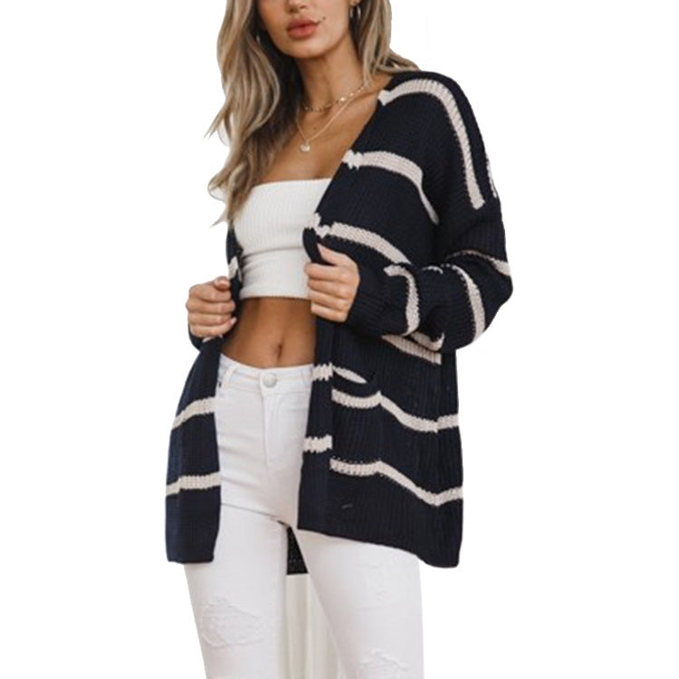 Womens Street Mid-Length Striped Cardigan Image 1