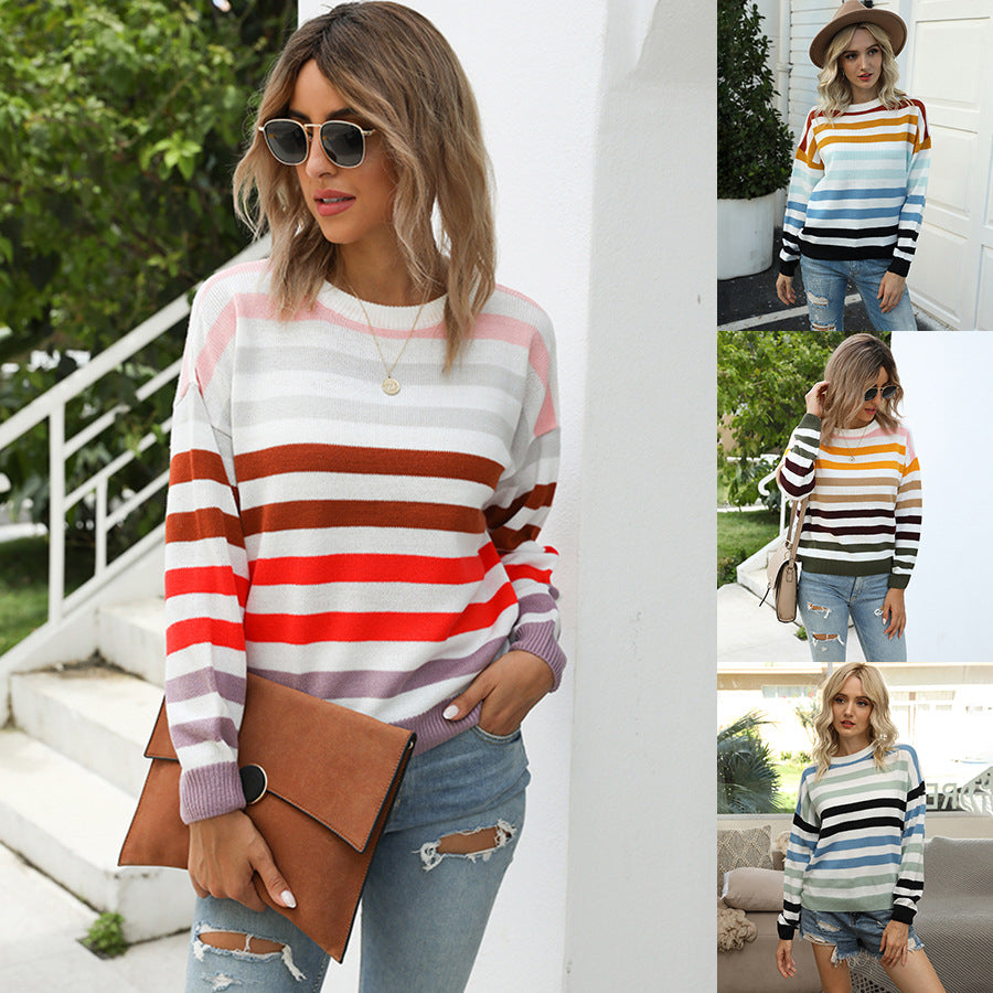 Womens Striped Color Block Pullover Student Top Image 1