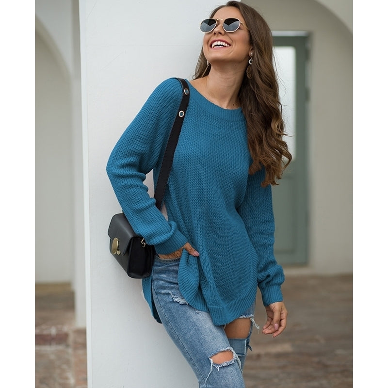 Womens Long Sleeve Sweater With High Slit At Hem Image 1