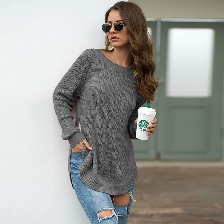 Womens Long Sleeve Sweater With High Slit At Hem Image 1