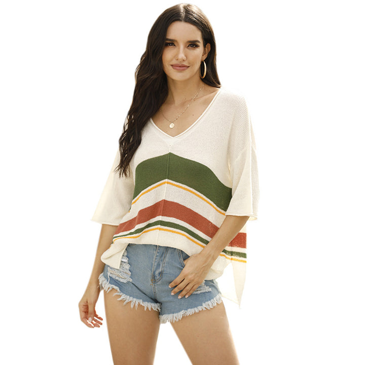 Womens Colorblock Off-Shoulder Casual V-Neck Beach Top Image 2