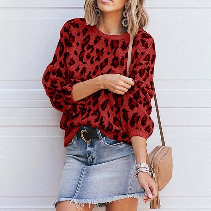 Womens Lantern Sleeve Leopard Jacquard Sweater Image 1