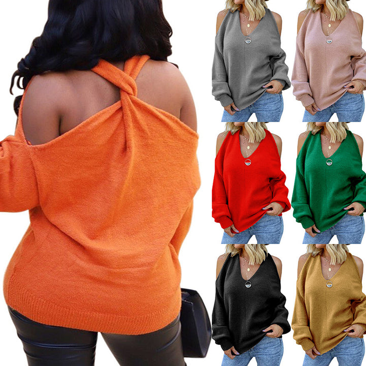 Womens V-Neck Strapless Crossover Sweater Image 1