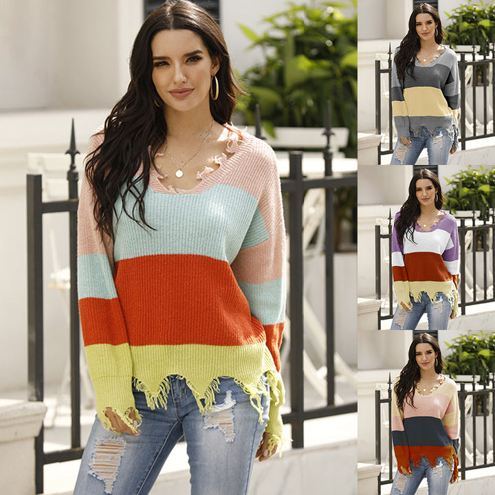 Womens Tattered Lazy Style V-Neck Striped Top Image 1