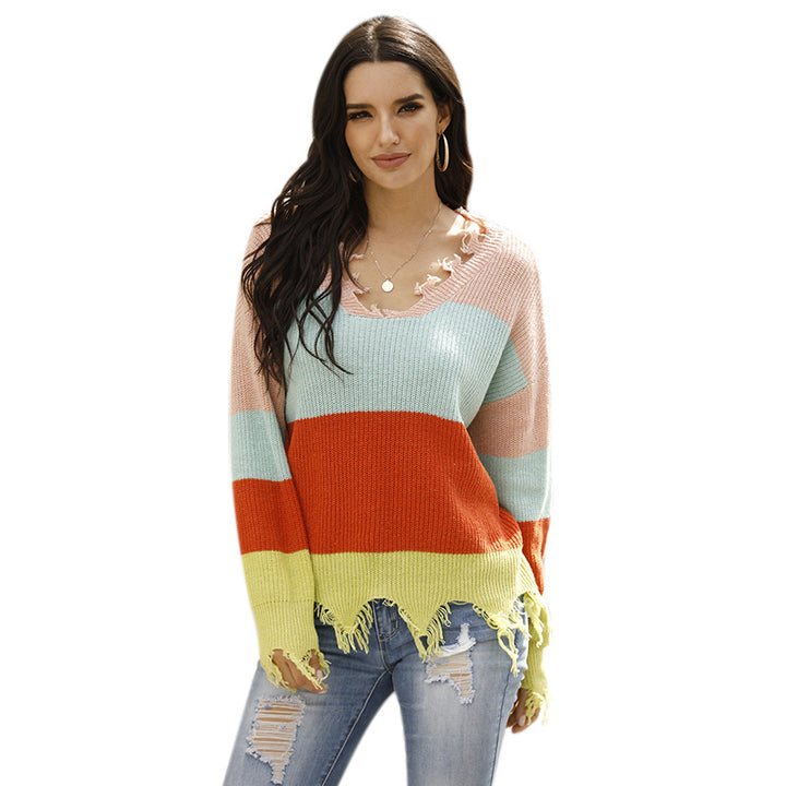 Womens Tattered Lazy Style V-Neck Striped Top Image 2