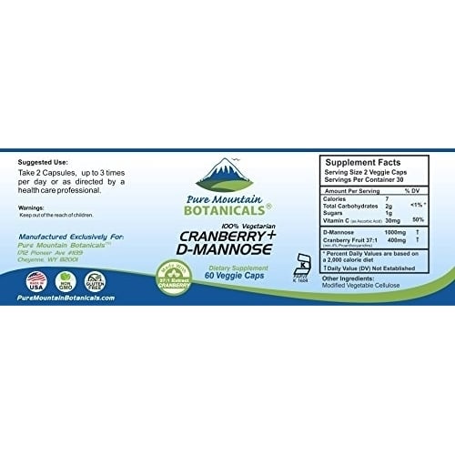 Cranberry D Mannose Capsules - 60 Kosher Vegan Caps - 1000mg D Mannose with Cranberry Concentrate plus Vitamin C Image 3