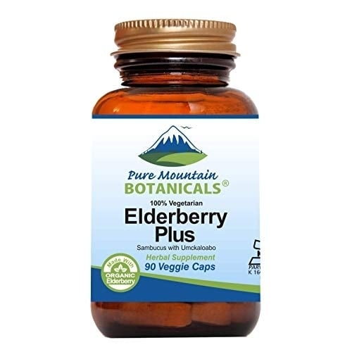 Sambucus Elderberry Supplement Plus Umckaloabo - Vegan/Kosher - (90 Capsules 750mg Organic Elderberry 100mg Elderflower Image 1