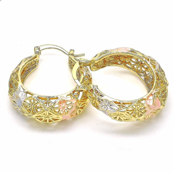 18K Gold Filled High Polish Finsh  Diamond Cut Fancy Filigree Hoop Earrings Textured Tri-Gold Hoop Earrings 40mm Image 1