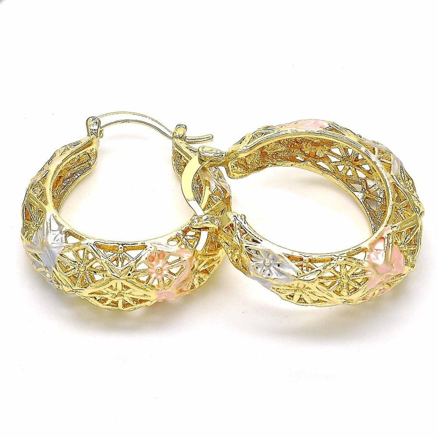 18K Gold Filled High Polish Finsh  Diamond Cut Fancy Filigree Hoop Earrings Textured Tri-Gold Hoop Earrings 40mm Image 1