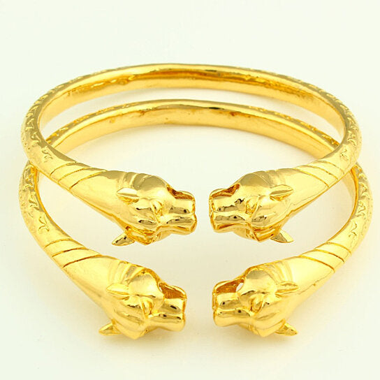 18k Gold Filled Plated Lion Adjustable Bangle 2pc Set Image 2