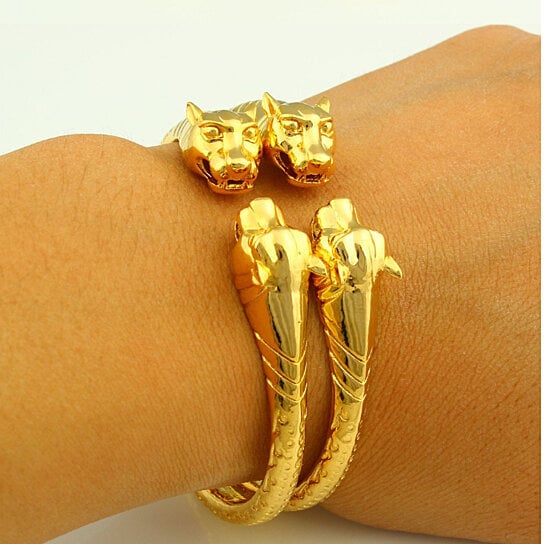 18k Gold Filled Plated Lion Adjustable Bangle 2pc Set Image 1