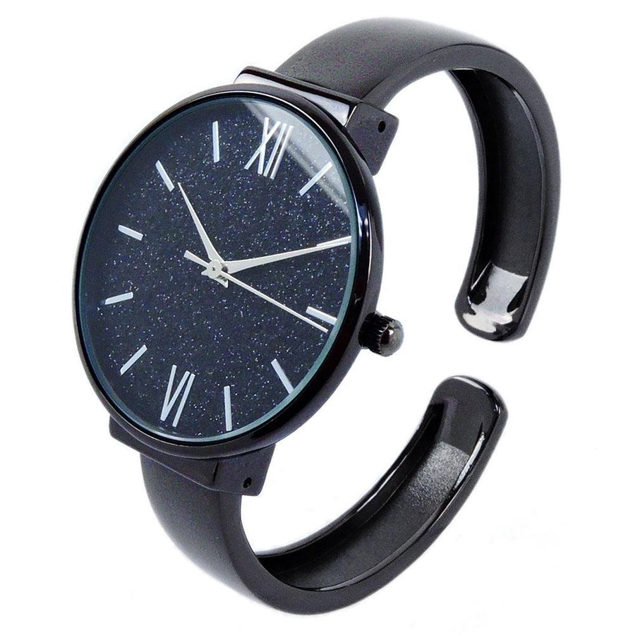 Black Round Face Glittered Dial Fashion Womens Bangle Cuff Watch Image 1