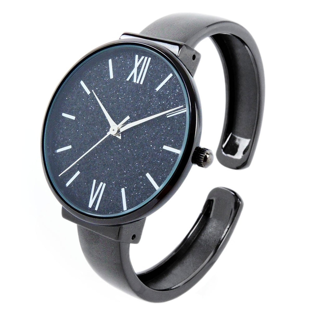 Black Round Face Glittered Dial Fashion Womens Bangle Cuff Watch Image 2