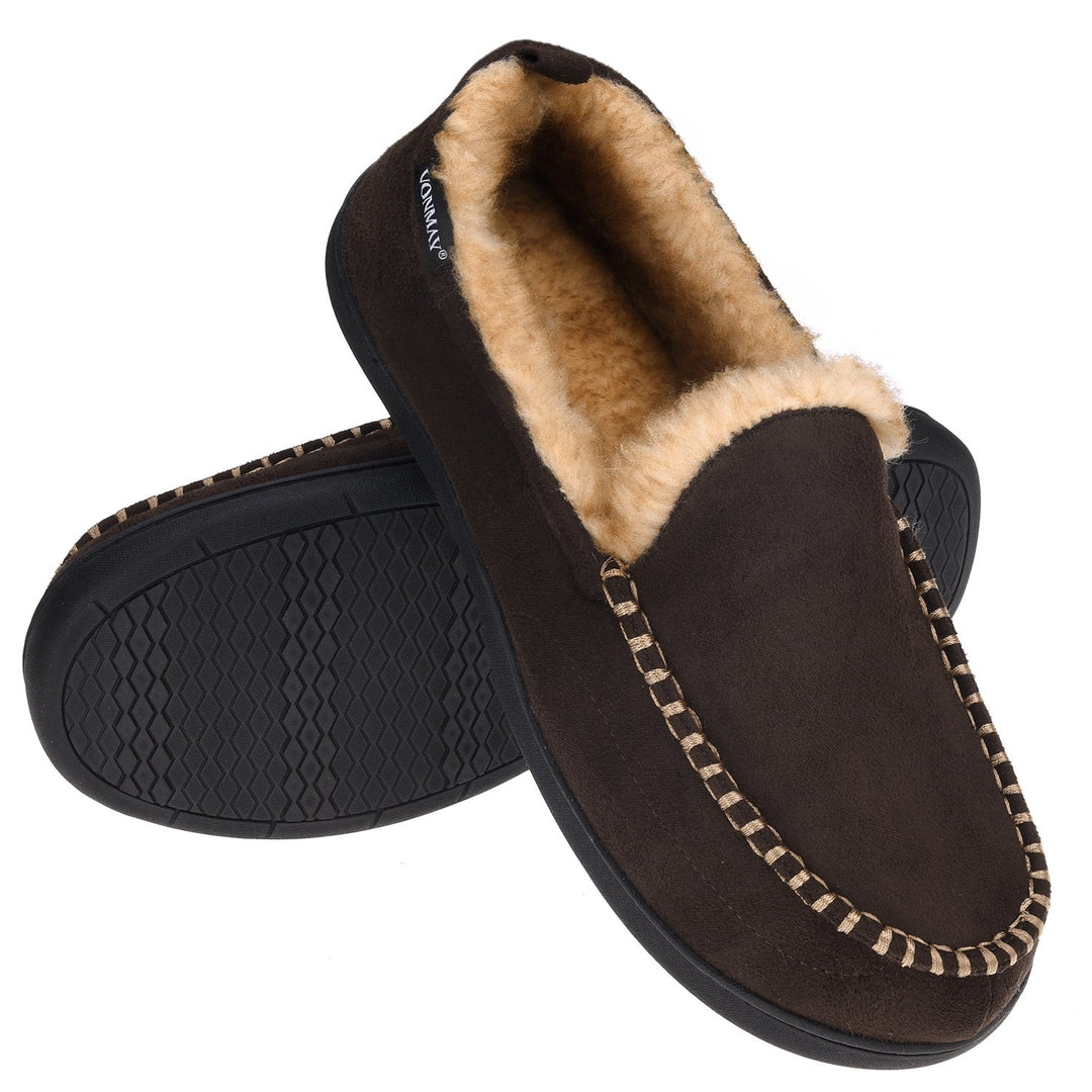 VONMAY Mens Moccasin Slippers Warm Faux faux Memory Foam Indoor Outdoor Non-Slip Image 3