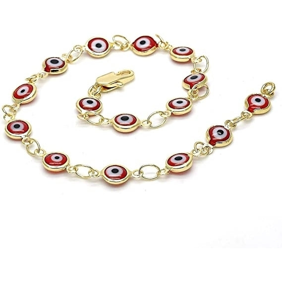 18K Womens Gold Filled High Polish Finsh  Red Evil Eye Clasp Bracelet 7.5 Inch Image 2