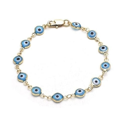 18K Womens Gold Filled High Polish Finsh  Light Blue Evil Eye Clasp Bracelet 7.5 Inch Image 1