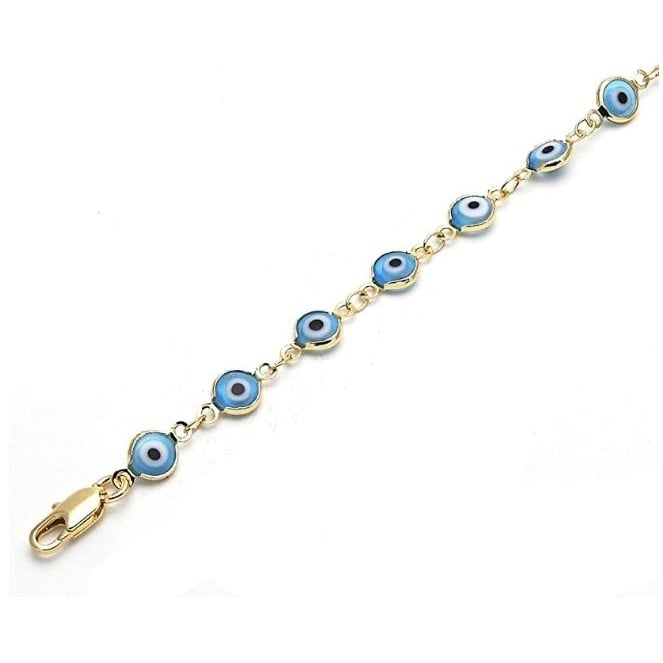 18K Womens Gold Filled High Polish Finsh  Light Blue Evil Eye Clasp Bracelet 7.5 Inch Image 2