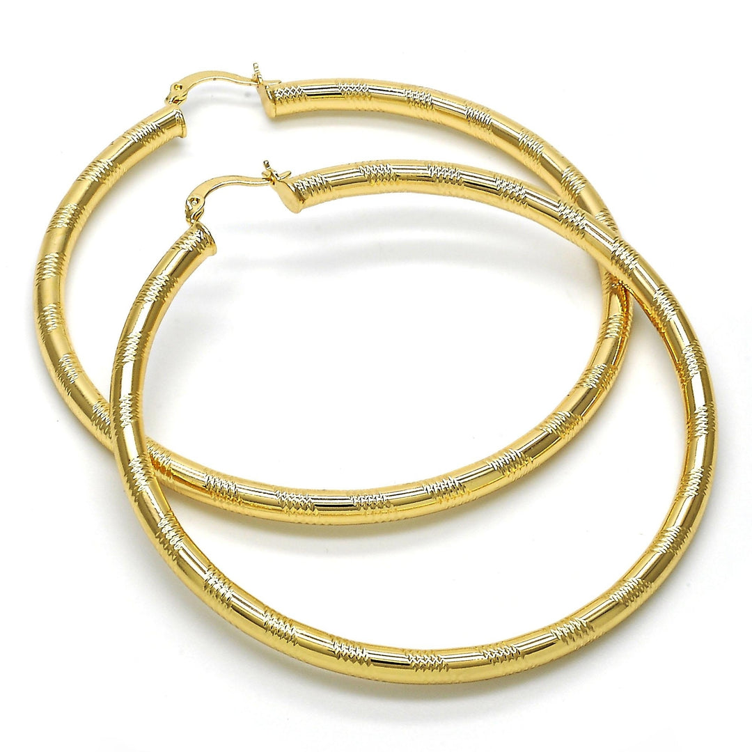 8k Gold Filled High Polish Finsh   Gold Textured Yellow Gold Diamond Cut Hoop Earrings 70mm Image 1