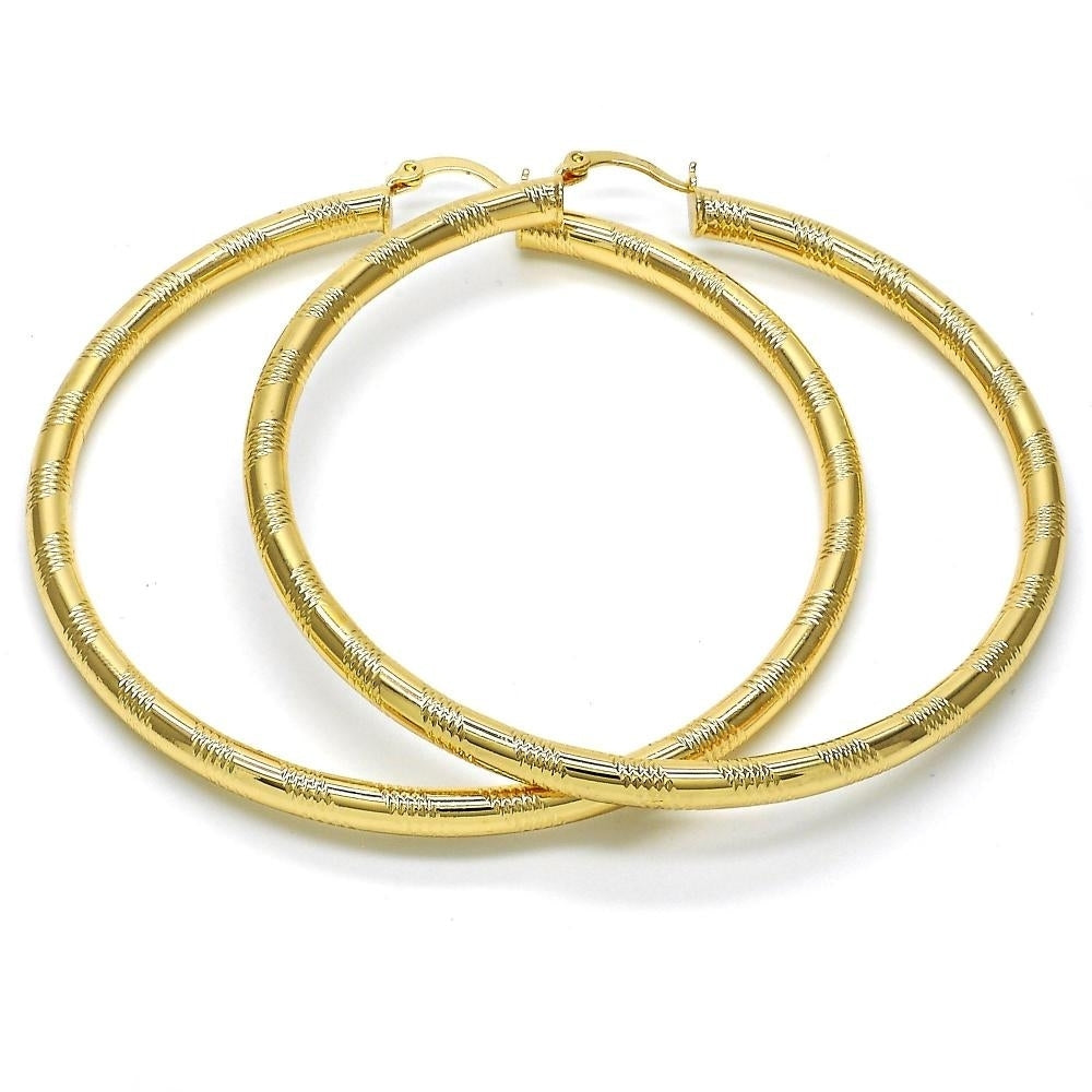 8k Gold Filled High Polish Finsh   Gold Textured Yellow Gold Diamond Cut Hoop Earrings 70mm Image 2