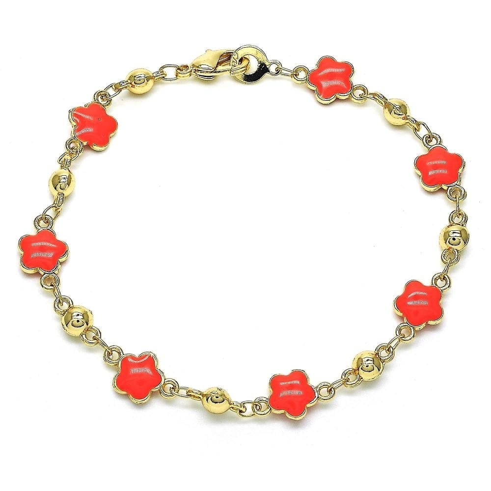 14K Gold Filled High Polish Finsh Coral/Black/ Turquoise Enamel Flower Bracelet 8 Inches Women Teens Image 1