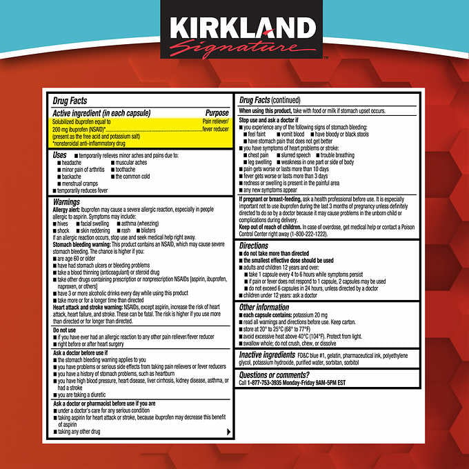 Kirkland Signature Ibuprofen 200 mg. Pain Reliever/Fever Reducer 360 Liquid Filled Capsules Image 2