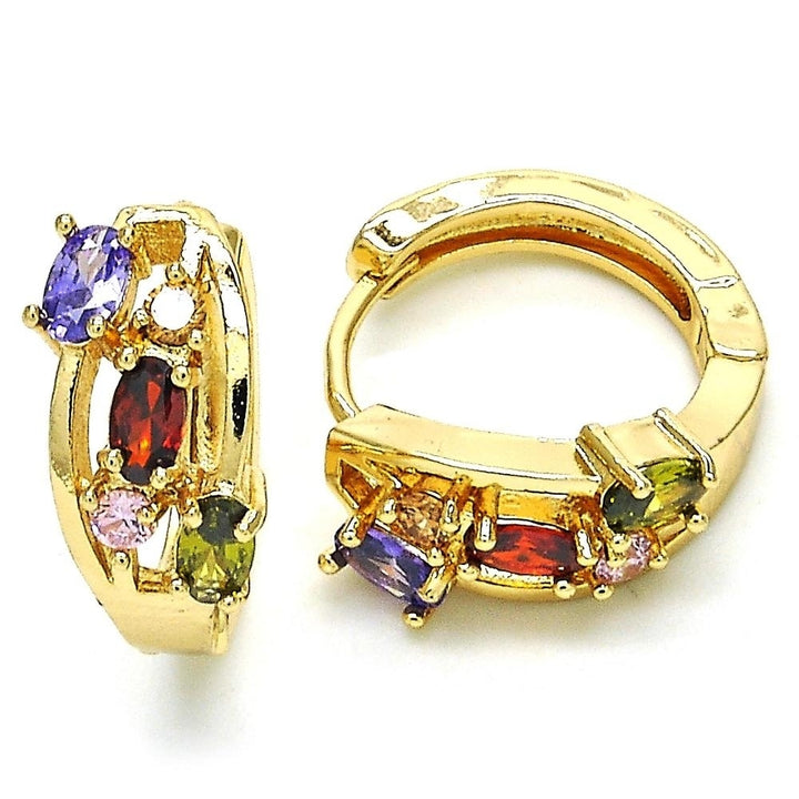 Multi Color Halo Huggie Oval Stones Earrings in Yellow Gold Filled High Polish Finsh Image 1