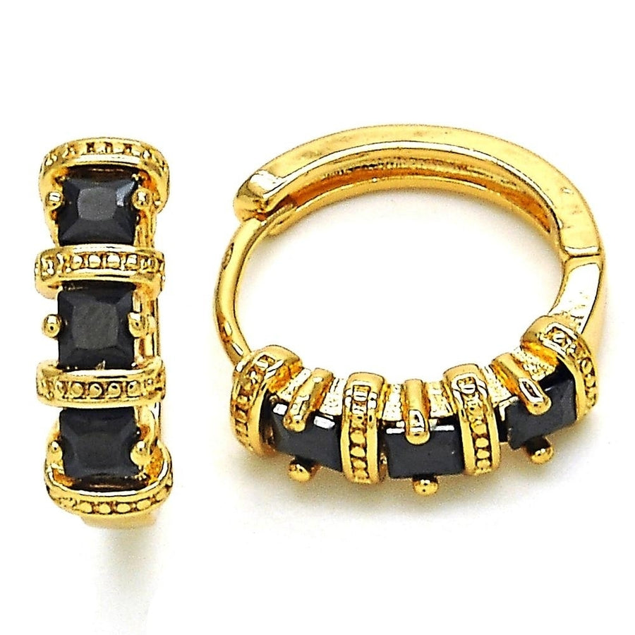 Black 3 row Halo HUGGIE SQUARE STONES EARRINGS IN YELLOW GOLD Filled High Polish Finsh Image 1