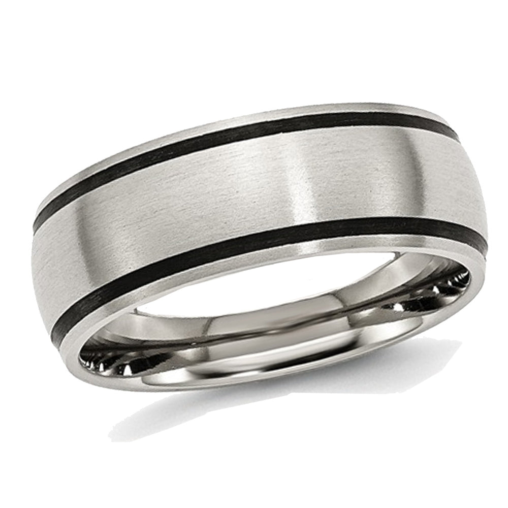 Mens Chisel 8mm Stainless Steel with Black Rubber Accent Satin Brushed Wedding Band Ring Image 1