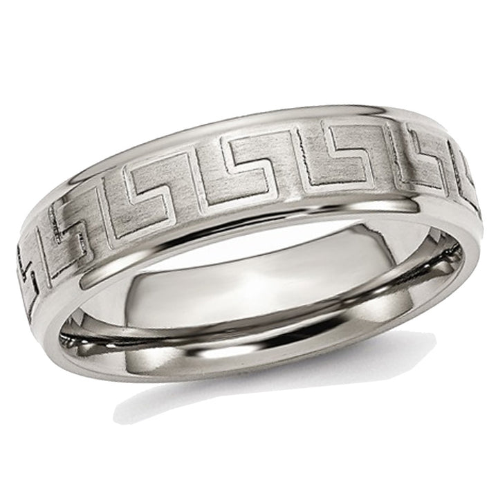 Mens Greek Key 6mm Titanium Satin-Polished Wedding Band Ring Image 1