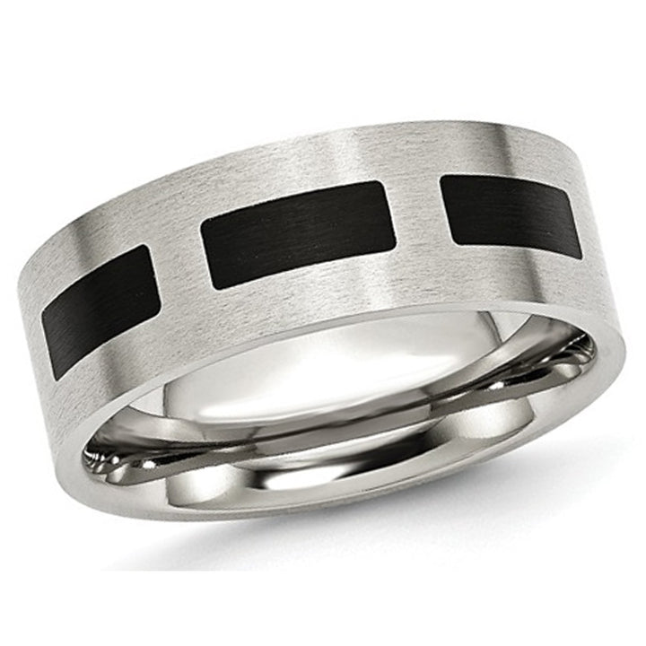 Mens 8mm Stainless Steel Comfort Fit Wedding Band Ring with Black Accent Image 1