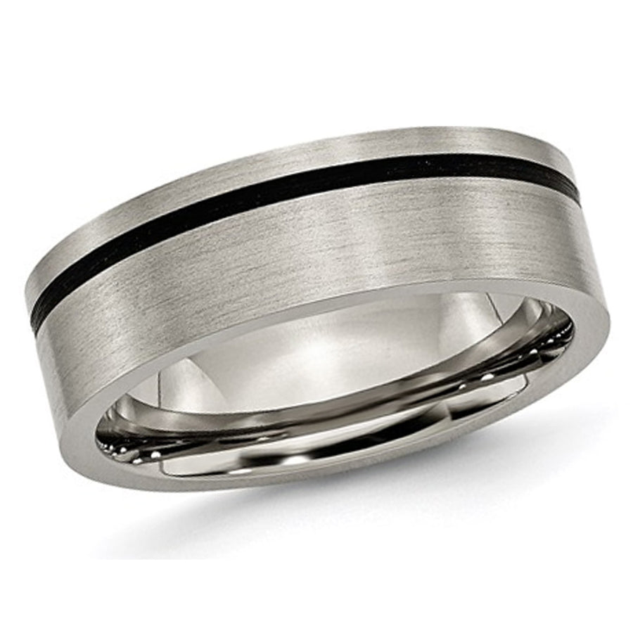 Mens 7mm Comfort Fit Titanium Wedding Band Ring with Black Accent Image 1