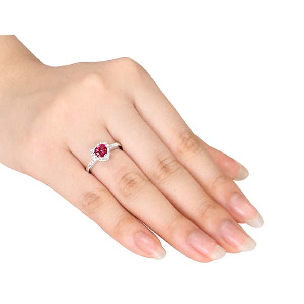 Lab-Created Ruby Heart Ring 1.10 Carat (ctw) with Diamonds in Sterling Silver Image 2