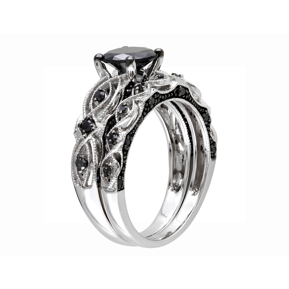1.39 Carat (ctw) Black Diamond Engagement Ring and Wedding Band Set in 10K White Gold Image 2